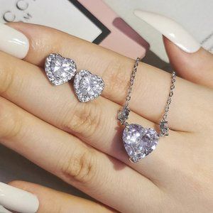 Sterling Silver (S925) Heart Stud Earrings & Matching Necklace